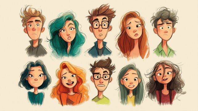 Diverse Cartoon Characters with Varied Emotions and Hairstyles in Artistic Style
