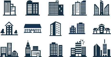Collection of fifteen stylized building icons in silhouette showing various architectural designs and cityscapes