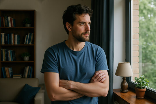 Thoughtful man with crossed arms looking out window in cozy living room