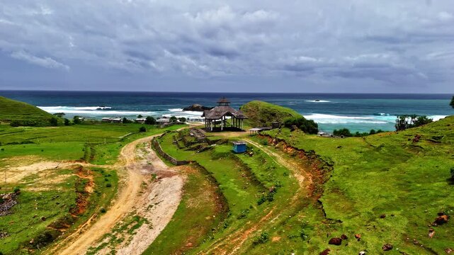 Aerial view of the coastal area of Pantai Seger serene landscape on the island of Lombok.