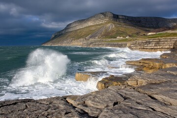 Rocky coast with dramatic waves crashing against cliffs under a stormy sky