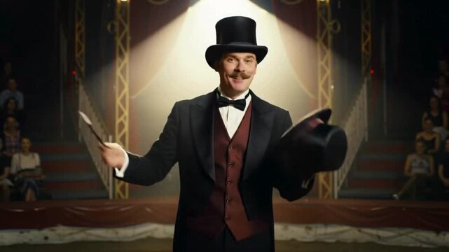 Magician with hat and magic wand on spotlight stage. Circus ringmaster, magician. Circus  entertainment performance showmanship.  