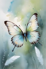 AI Generative. Ethereal Watercolor Butterfly with Feathers and Splatters. 2