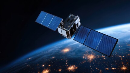 Satellite orbiting Earth, showcasing solar panels and a view of city lights below, Ideal for topics on technology, space exploration, telecommunications, or environmental sustainability,