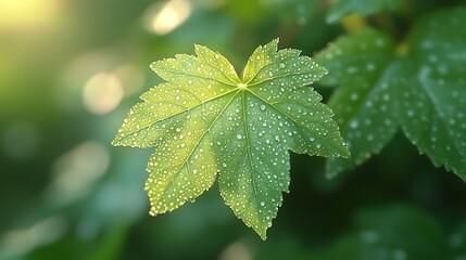 Glistening maple leaf amidst blurred foliage