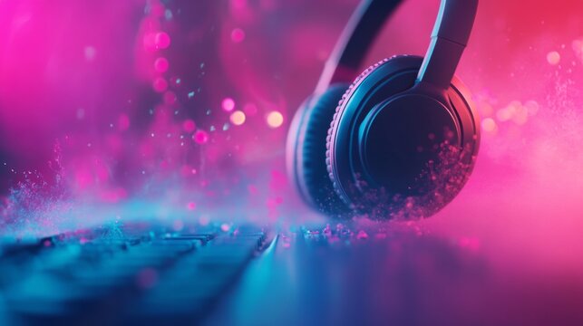 Neon headphones with water splash effect for energetic music lifestyle and sound design visuals background