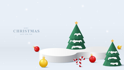 3D White podium with minimal christmas tree, ball, gift box and ornament on the stage. Perfect for holiday product display or advertising background
