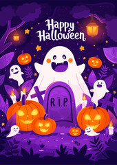 Cute Halloween greeting card with smiling ghosts, jack-o’-lanterns, candles, gravestone, and spooky forest. Fun festive design for kids and Halloween celebration 