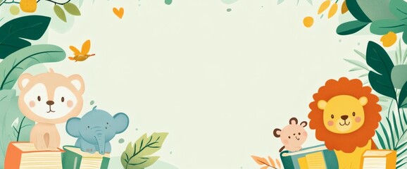 Obraz premium Cute International Childrens Book Day border with toy animals and storybooks offering space for messages concept as Cute book day frame featuring toy animals