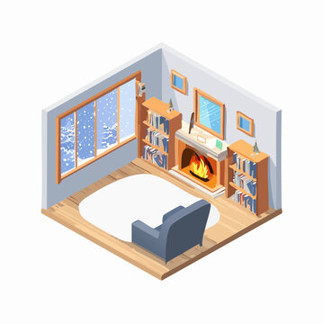 Cozy isometric living room scene with a roaring fireplace, bookshelves, and a window showing a snowy winter landscape.