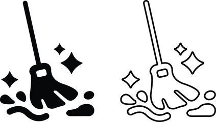 Cleaning icon set, black vector group of hygiene, sanitizing and housekeeping tools in flat and line style, cleaning equipment collection, disinfect, mop, wipe symbols