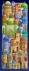 Colorful paper cut style vector illustration of an oriental city with domes, towers, and minarets. Perfect for Arabian, Islamic, and fairytale themed designs