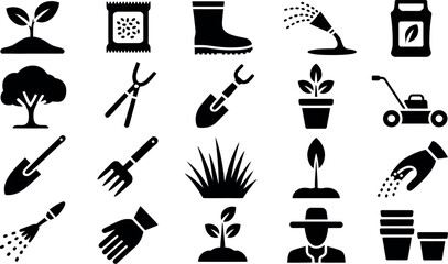 Obraz premium A collection of black and white gardening icons depicting tools, plants, and gardening activities