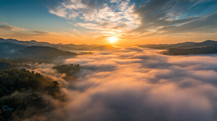 Fototapeta premium A breathtaking sunrise illuminates a fog-covered valley, showcasing the stunning beauty of nature and serene atmosphere.