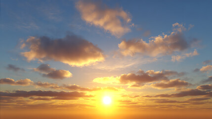 Obraz premium A breathtaking sunset illuminates the sky with vibrant colors and fluffy clouds, creating a serene and peaceful atmosphere.