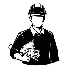 Vector art of an engineer wearing a hard hat is holding blueprints isolated on white background