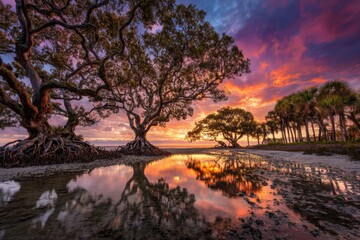 Sunrise over mangrove trees reflected in calm water