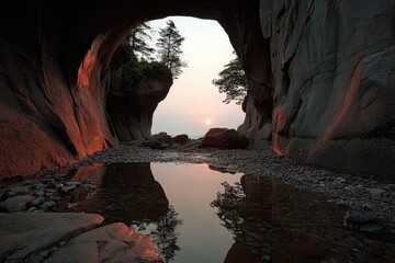 Obraz premium Sunrise through a rocky cave archway, reflecting on a calm pool
