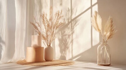 Neutral tones dried pampas grass in vases with sunlight for home interior calm lifestyle decor product visuals