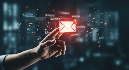 Human Hand Touching Glowing Email Warning Icon Digital Cyber Security Alert.