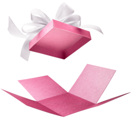 Pink color open gift box with white bow