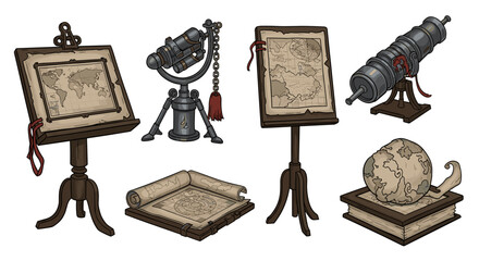 Antique exploration instruments and maps for maritime adventures illustrations set