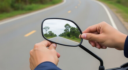Close-up of human hands holding and adjusting a black-framed motorcycle rearview mirror reflecting a long winding road ahead.