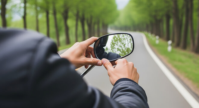 Riders hands adjusting motorcycle rearview mirror on tree-lined road.