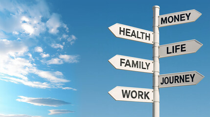 Signpost with words work family health money life journey pointing in different directions under blue sky showing life balance and choices