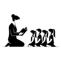 Vector art of a teacher is reading a book to children in a classroom isolated on white background