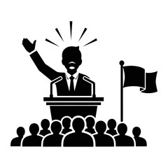 Vector art of a political leader is giving a speech to a crowd with a flag isolated on white background