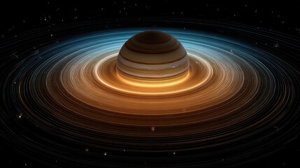 Fototapeta premium A majestic planet with glowing rings floating in a star-filled cosmic landscape.