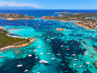 Isola Budelli. Arcipelago della Maddalena. Island Budelli. Sardinia, Italy. Beaches of Sardinia. Boats and yachts. Incredible colors and views. View from above. Drone view of Sardinia. Sea. Ocean.