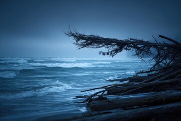 Stormy coastal scene at twilight. Driftwood and waves on a dark, moody beach
