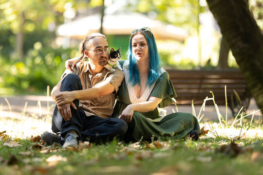 Young couple relaxing in park with kitten on man's shoulder