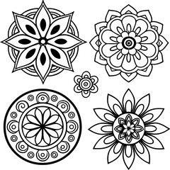 set of mandala black and white circular floral designs arranged on a white background in a square format