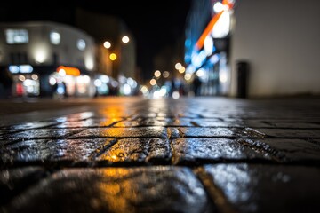Night city street, low angle view of pavement