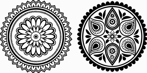 set of mandala black and white circular floral designs arranged on a white background in a square format