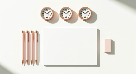 Minimalist desk setup with clocks pens paper and eraser