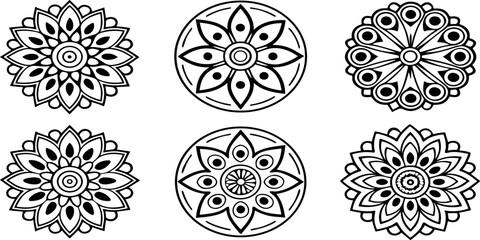  modern set of mandala black and white circular floral designs arranged on a white background in a square format.	