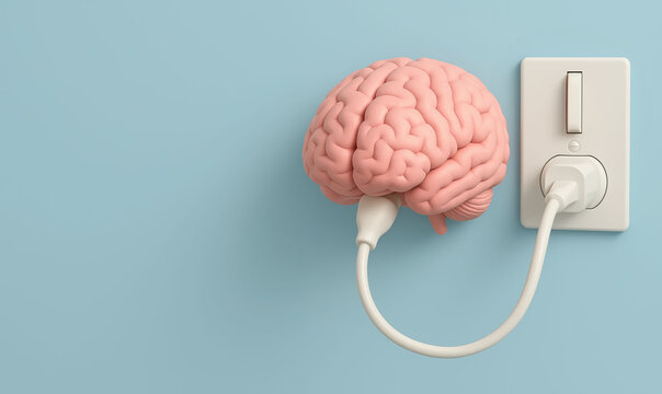Human brain plugged into wall socket with electric cable symbolizing mental recharge creativity power focus innovation and digital energy boost
