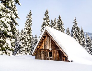 Snowy wooden chalet nestled in a wintry forest