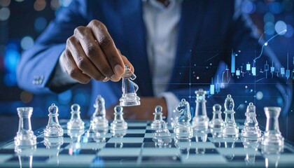 "Businessman in suit strategically moving a white king chess piece on a digital chessboard, with background graphs and data visualizations, symbolizing financial strategy, business decision-making, 