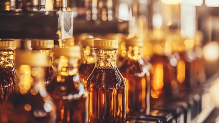 Golden bar liquor bottles on blurry bar background for celebration nightlife alcohol concept photography product drink