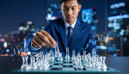 "Businessman in suit strategically moving a white king chess piece on a digital chessboard, with background graphs and data visualizations, symbolizing financial strategy, business decision-making, 