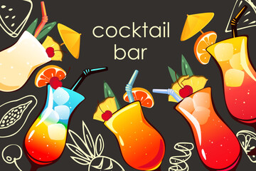 Background with alcoholic cocktails in a bar. Banner with tropical cocktails: sex on the beach, pina colada. Vector illustration.