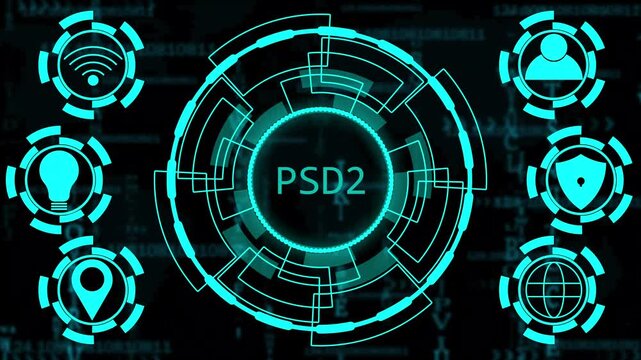 psd2 planning business finance concept on virtual screen interface. Business, technology, internet and networking concept. Futuristic digital technology animated background concept.