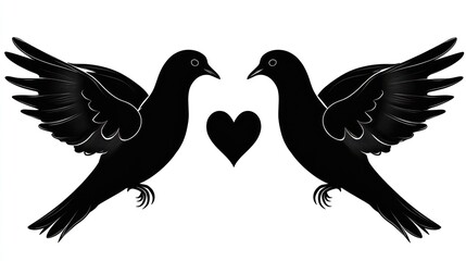 Obraz premium Two doves in flight, facing each other, with heart in center, for love or peace