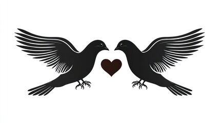 Obraz premium Two doves in silhouette, with heart, display love, romance. For wedding cards, Valentines