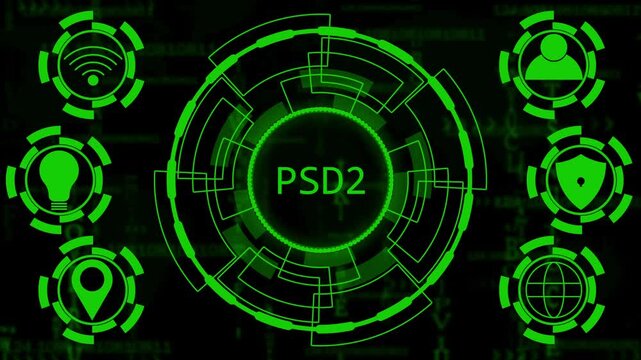 psd2 planning business finance concept on virtual screen interface. Business, technology, internet and networking concept. Futuristic digital technology animated background concept.